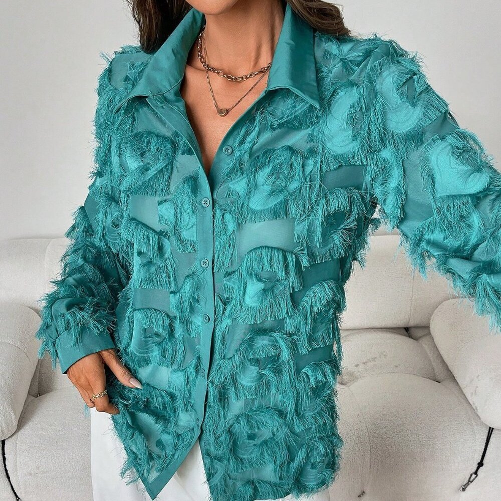 Cadet Blue Casual Women's Vacation Style Fuzzy Trim Long Sleeve Shirt - Picture 5 of 6